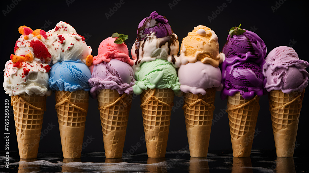close up tasty collection of multi-colored ice cream of various flavors in a waffle cone banner isolated on black background