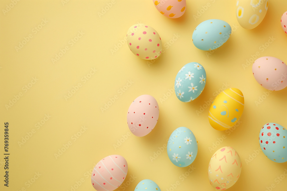 A bunch of colorful eggs with polka dots on them. The eggs are in various colors, including pink, yellow, and blue. They are arranged in a row on a yellow background, creating a cheerful A bunch of colorful eggs with polka dots on them. The eggs are in various colors, including pink, yellow, and blue. They are arranged in a row on a yellow background, creating a cheerful