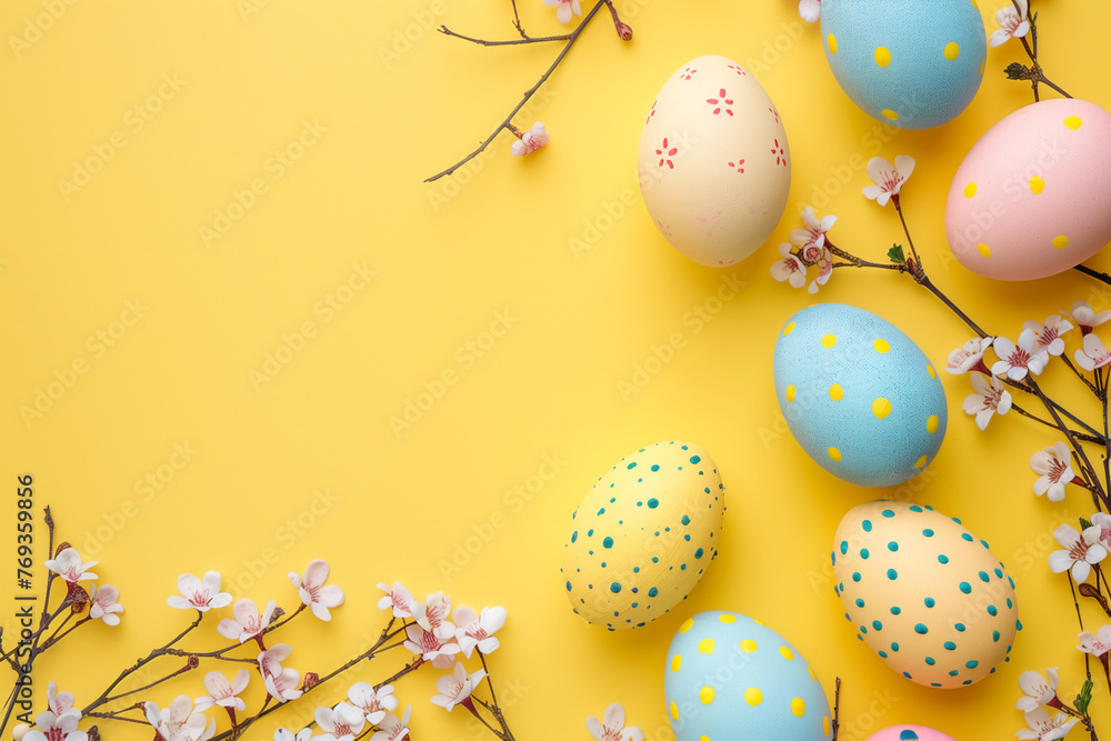 A bunch of colorful eggs with polka dots on them. The eggs are in various colors, including pink, yellow, and blue. They are arranged in a row on a yellow background, creating a cheerful