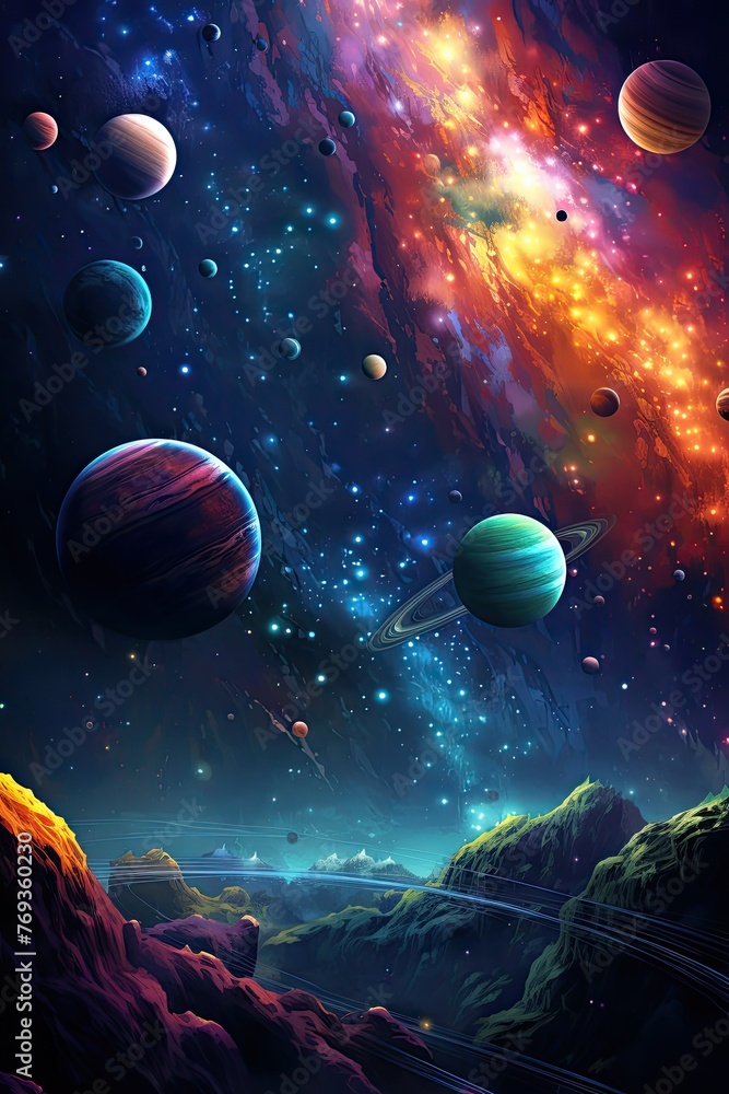 Naklejka premium Fantasy space background with planets, stars, galaxies and nebula