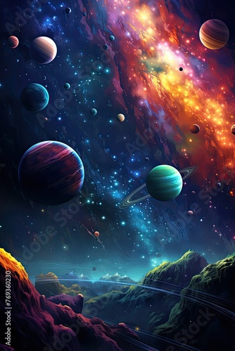 Fantasy space background with planets, stars, galaxies and nebula