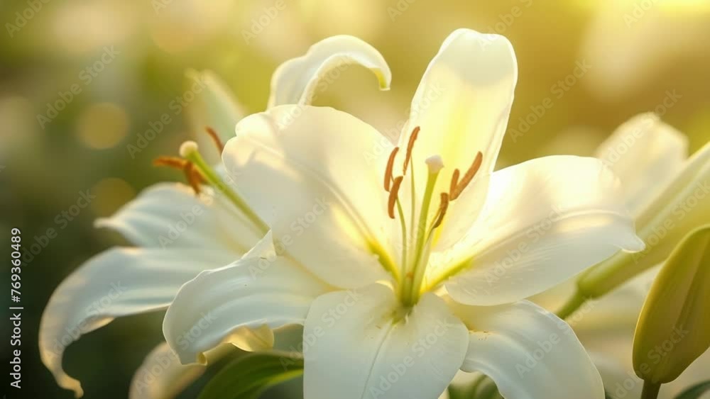 The gentle glow of sunlight on the delicate white petals of a lily creating a sense of purity. The gentle glow of sunlight on the delicate white petals of a lily creating a sense of purity.