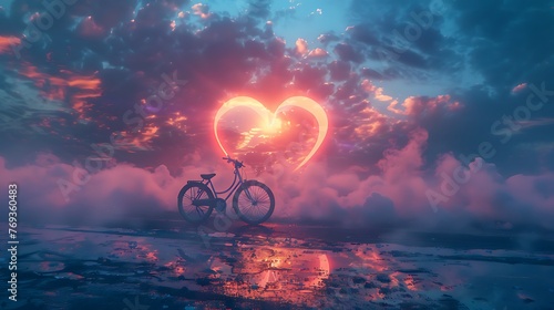 Valentine Day background with a heart formed mists and a bike