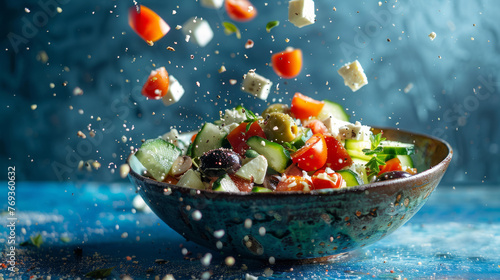 A captivating image of a Greek salad with vibrant, suspended ingredients over a beautiful blue background, showcasing motion photo