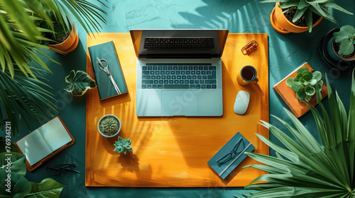 Modern busy illustration of UX and UI and creative tools mixed with some plants. The atmosphere is friendly and hardworking with bright lights, yellows, oranges and greens.