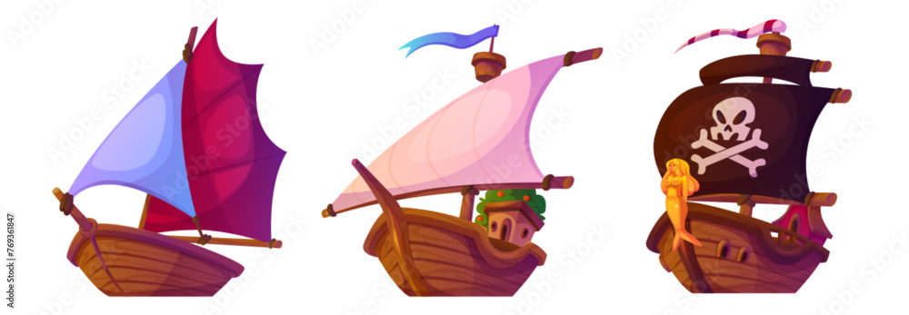 Naklejka premium Sail boat with wooden deck and cloth masts. Fishing, viking and pirate vintage ships for tale or game ui design. Cartoon vector illustration set of water transport - ancient vessel and corsair.
