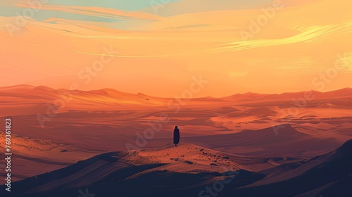 The quiet solitude of a solitary figure standing amidst a vast desert landscape. 