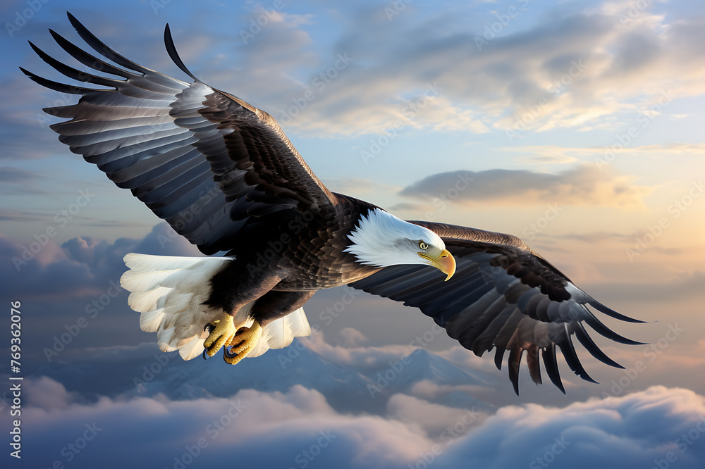 Obraz premium Bald Eagle in flight with mountain background. 3D illustration.