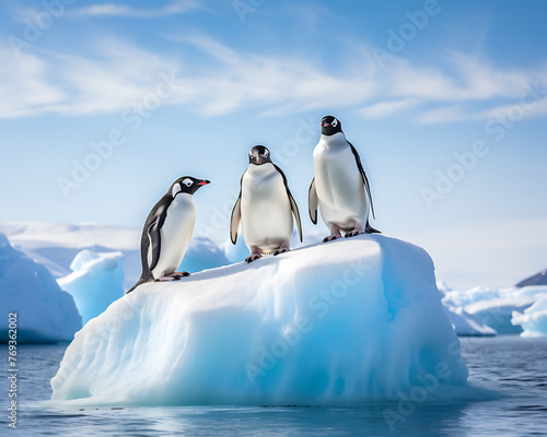 group of penguins on an iceberg  with serene Antarctic waters and ice formations in the background