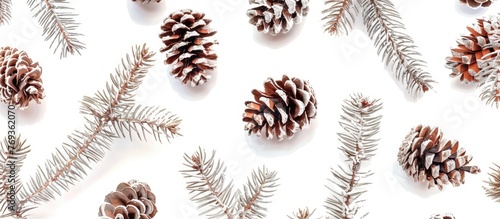 Pine cone and branch pattern on white background for festive design.