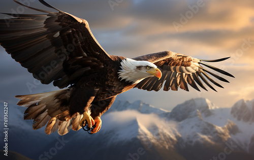 Bald Eagle in flight with mountain background. 3D illustration.