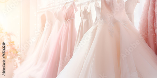 A wedding dress with a pink bodice and a pink skirt with light pink background 