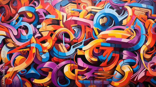 A striking street art masterpiece showcasing graffiti-style lettering alongside dynamic abstract patterns, transforming a mundane wall into a pulsating canvas of urban expression. photo