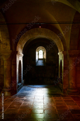 Fascinating catacombs or old church cellar, with light coming in through the church windows, in Lund Cathedral, Lunds domkyrka in Lund, Skane, southern Sweden, Sweden (3784)