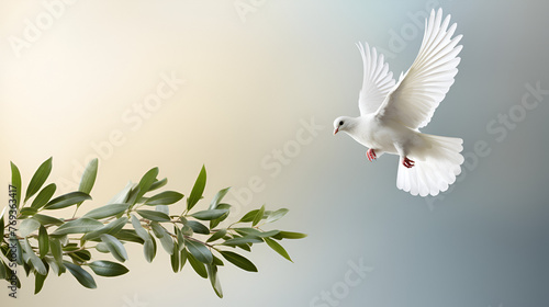  free white dove holding green leaf branch flying in the sky International Day of Peace concept background photo