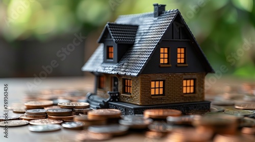 Real estate and piles of gold coins for home loans Concept of financial assets, investment Stack of coins and small house