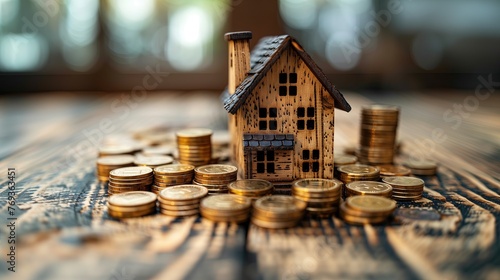 Real estate and piles of gold coins for home loans Concept of financial assets, investment Stack of coins and small house