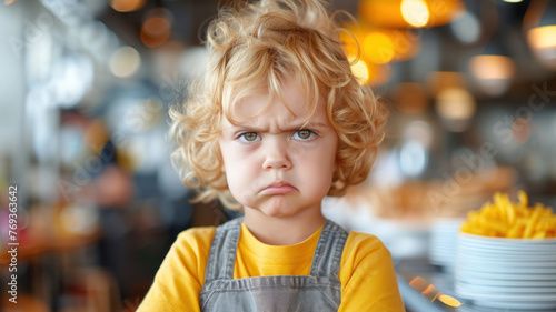 Displeased little boy in a fast food restaurant.