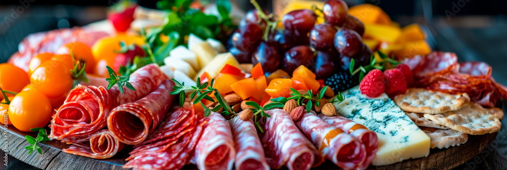 charcuterie board, showcasing an assortment of cured meats, cheeses, fruits, and nuts in vibrant detail. Generative AI charcuterie board, showcasing an assortment of cured meats, cheeses, fruits, and nuts in vibrant detail. Generative AI