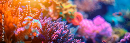 Macro shot of a colorful coral reef, capturing the vibrant hues and intricate structures of the underwater ecosystem. Generative AI