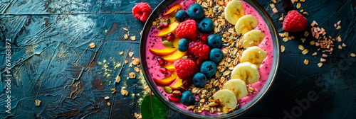 colorful smoothie bowl, topped with fresh fruit, nuts, and seeds, showcasing the vibrant colors and textures of the nutritious breakfast option. Generative AI