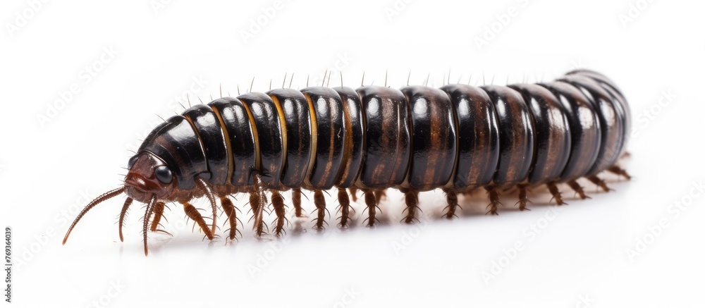 Fototapeta premium A macro photograph of an insect, arthropod millipede, a terrestrial invertebrate, on a white background. Not a pest or parasite, looks like metal auto part in closeup