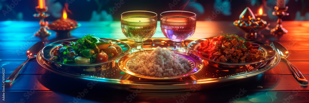 Traditional Passover Seder plate with symbolic foods arranged beautifully, showcasing the essence of the holiday. Generative AI Traditional Passover Seder plate with symbolic foods arranged beautifully, showcasing the essence of the holiday. Generative AI
