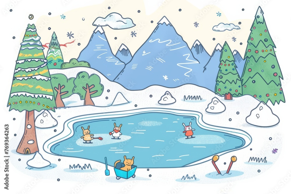 Cartoon cute doodles of a winter island with frozen lakes and ponds where animals ice skate and play hockey, surrounded by snowy mountains, Generative AI