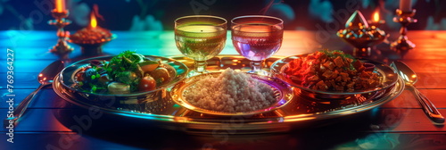 Traditional Passover Seder plate with symbolic foods arranged beautifully, showcasing the essence of the holiday. Generative AI
