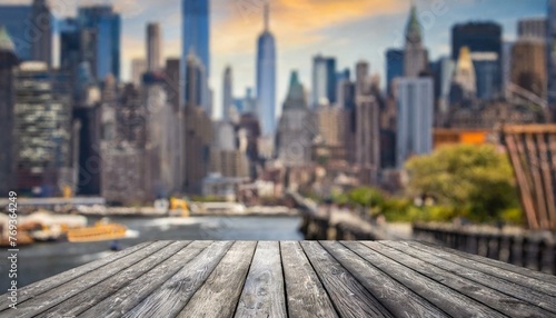 wooden bridge over the river  The empty wooden table top with blur background of NYC street. Exuberant image