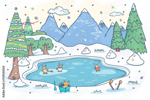 Cartoon cute doodles of a winter island with frozen lakes and ponds where animals ice skate and play hockey, surrounded by snowy mountains, Generative AI © Starlight