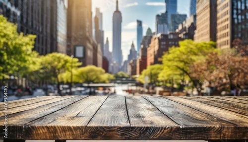 wooden bridge over the river, The empty wooden table top with blur background of NYC street. Exuberant image photo