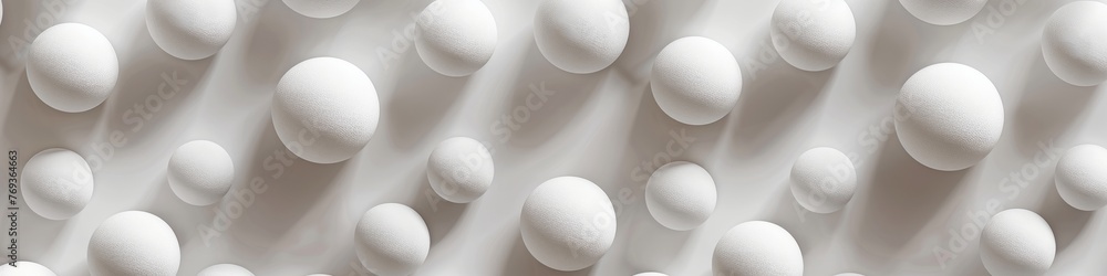 A serene pattern of white spheres floating against a soft neutral-toned background, banner, wallpaper - obrazy, fototapety, plakaty 