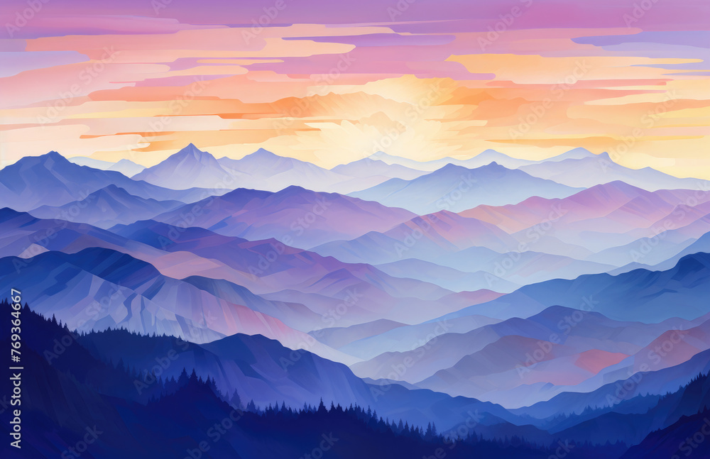 Blue mountains landscape abstract background. Morning wood panorama, pine trees and mountains silhouettes. Blue mountains landscape abstract background. Morning wood panorama, pine trees and mountains silhouettes.
