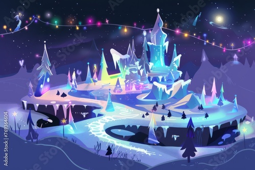Cartoon cute doodles of a winter island with magical ice sculptures depicting scenes from fairy tales and legends, illuminated by colorful lights, Generative AI photo