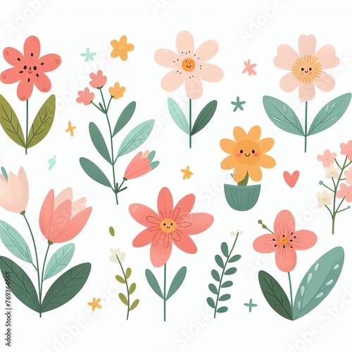 Cute summer spring flowers. Flat illustration