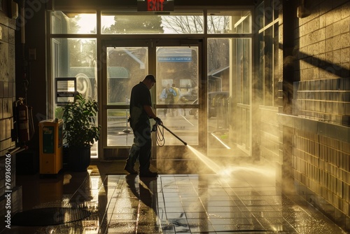 A man is cleaning a building with a pressure washer