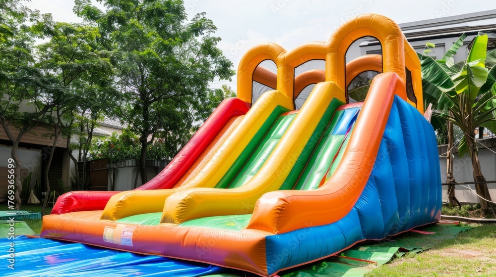 Inflatable Water Slide for Jumping into the Backyard Pool, Colorful castle-shaped slide for the Playground Inflatable Water Slide for Jumping into the Backyard Pool, Colorful castle-shaped slide for the Playground