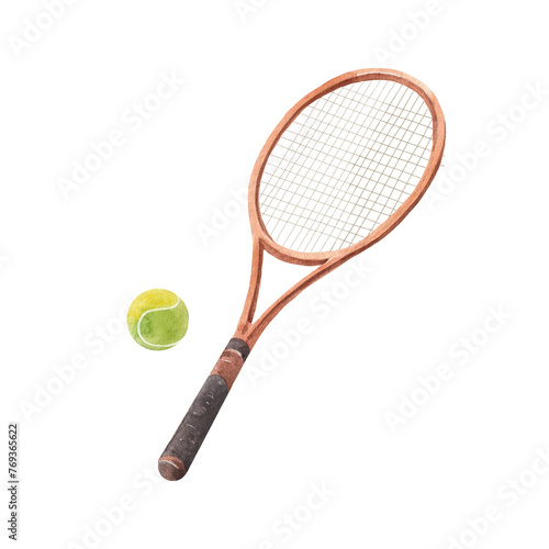 Watercolor illustration of tennis racket and ball. Stock sport hand drawn clip art