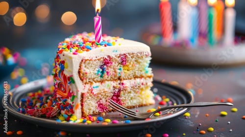 Close-up photo of a birthday cake slice on a plate, fork on the side, with the remaining cake and candles blurred in the background, vivid colors