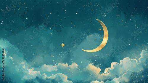 Crescent moon hanging over golden clouds at dusk, a magical scene perfect for dreamy backgrounds and illustrations.