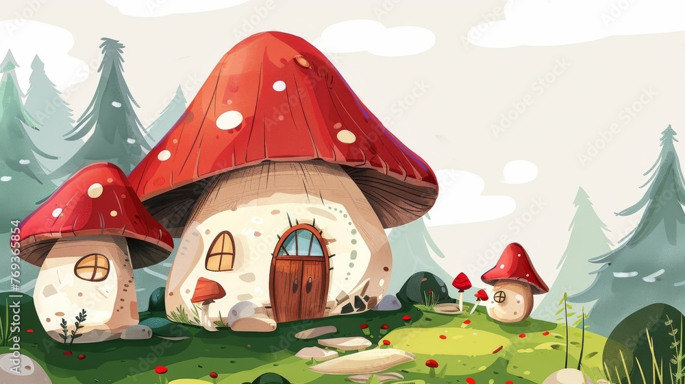 Illustration of a red mushroom houses in a whimsical forest clearing, fairytale charm, daylight.