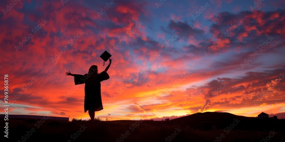 Silhouette of a joyful graduate raising a cap against a dramatic sunset, symbolizing hope and new beginnings.