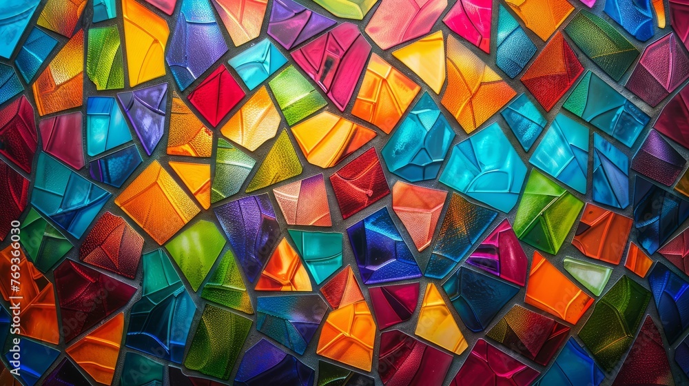 Detailed view of a colorful stained glass window with abstract geometric mosaic patterns, background, wallpaper Detailed view of a colorful stained glass window with abstract geometric mosaic patterns, background, wallpaper