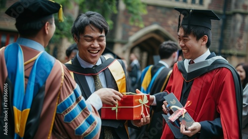 Graduates exchanging gifts, showcasing camaraderie and celebration on their significant day. Perfect for education and social connection themes.