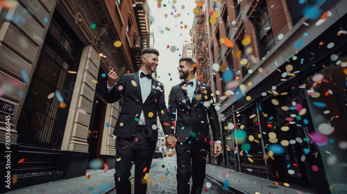Two grooms walk joyfully through confetti rain, celebrating their wedding day in a city setting, perfect for wedding and LGBTQ+ themes.