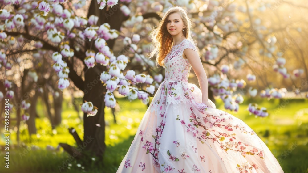 A young woman in a floral gown poses amidst blossoming cherry trees, the golden light of spring creating a dreamy scene perfect for fashion and nature themes. A young woman in a floral gown poses amidst blossoming cherry trees, the golden light of spring creating a dreamy scene perfect for fashion and nature themes.