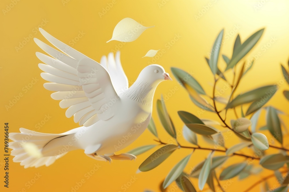 Fototapeta premium A white dove is flying over a tree with green leaves