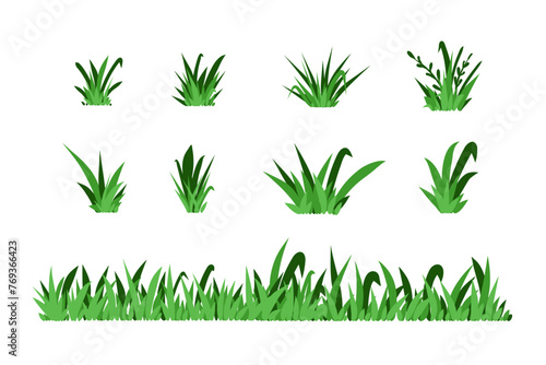 Green grass. Field isolated elements. Spring summer hand drawn herb, park lawn meadow sketch style, cartoon flat isolated botanical elements for decor, ecological symbol. Vector doodle illustration