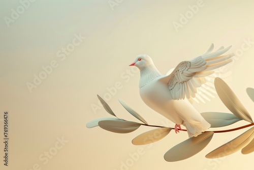 A white dove is perched on a branch of a tree